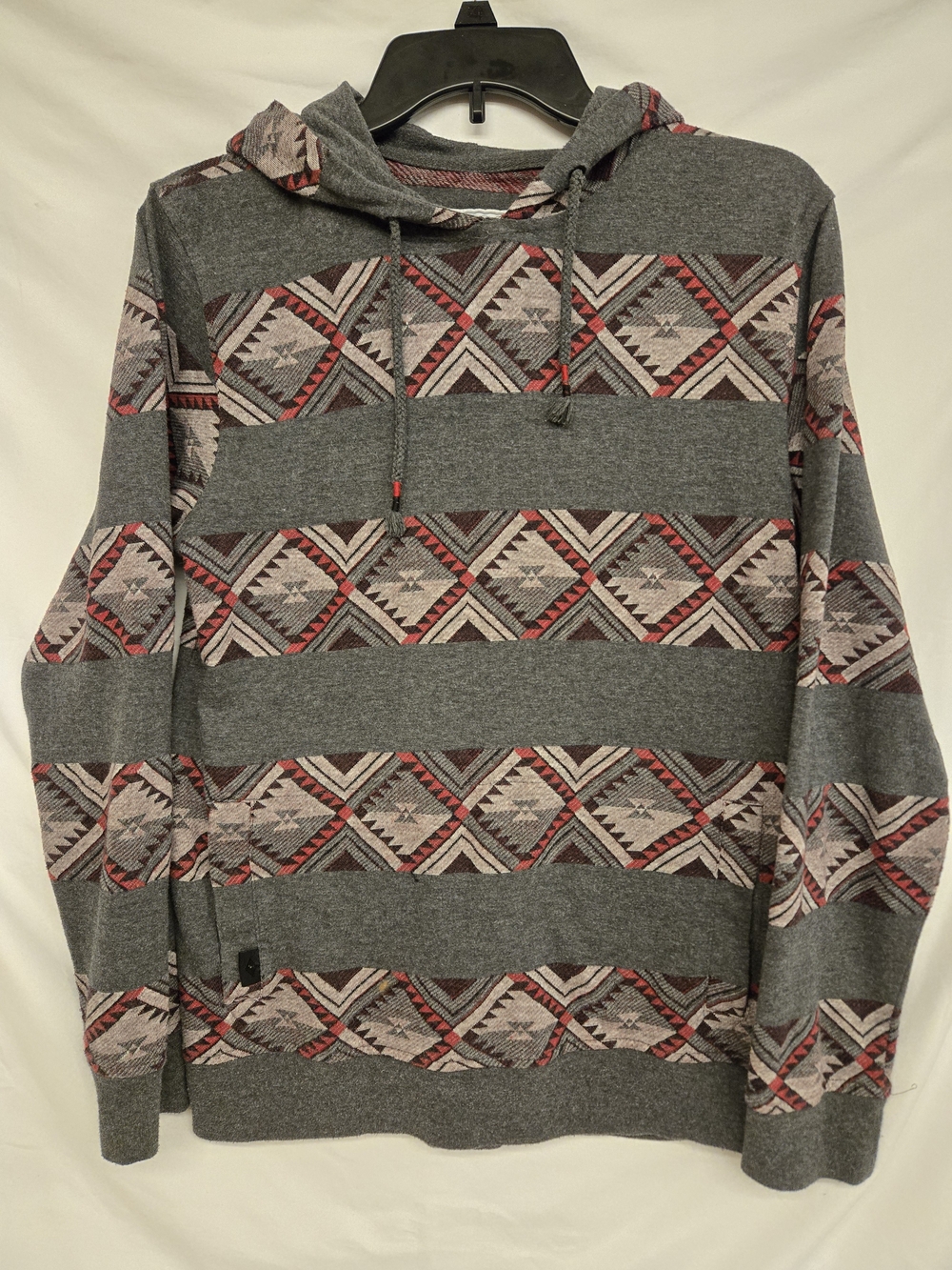 Men's Patterned Grey Hooded Pullover with Red Accent